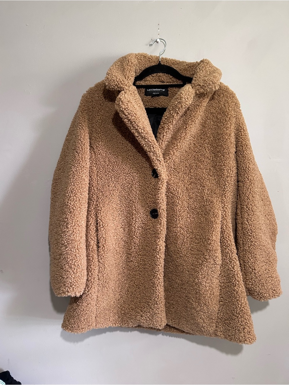 Liz Claiborne Petite Large Camel Teddy Sherpa Faux Fur Coat